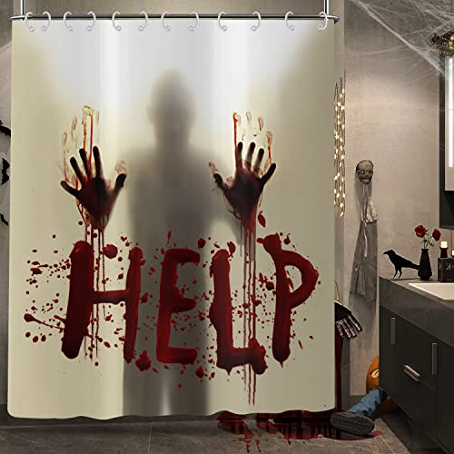 Halloween-Duschvorhang, Aufschrift Help Me Scary Bloody Hands, Badezimmer-Vorhang für Halloween-Party-Requisiten, Dekoration, wasserdichter Stoff, maschinenwaschbar mit 12 Haken, 152,4 x 182,9 cm
