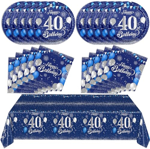 Blue 40th Birthday Decorations for Men - Navy Blue Silver Plates, Table Covers and Napkins for Anniversary Party Supplies