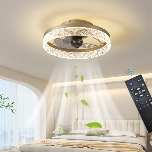 Ventilatori da soffitto con illuminazione Telecomando, Moderno Lampada da soffitto LED Dimmerabile Lampade per Camera da letto Soggiorno, Ventilatore reversibile E 6 Vento (Oro, 40CM)