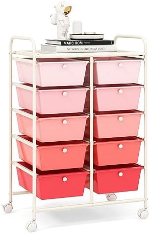 GOPLUS Rollwagen mit 10 Schubladen stapelbar, Rollcontainer mit Ablage & Metallgestell, Badregal, Aufbewahrungswagen, für Büro, Zuhause (Rosa)