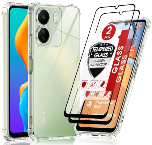 LeYi Hülle für Xiaomi Redmi 13C 4G Transparent Handyhülle mit 2 Stück Schutzfolie, Weich TPU Silikon Stoßfest Dünn Redmi 13C Schutzhülle, Kameraschutz Crystal Clear Cover Case
