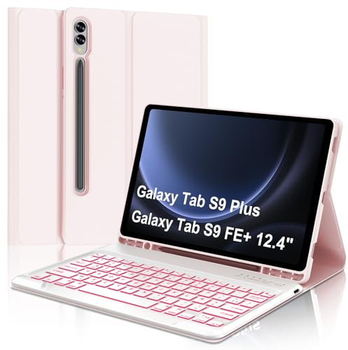 JADEMALL Coque Clavier pour Samsung Galaxy Tab S9 FE+/Tab S9 FE Plus 12.4 2023 - AZERTY Français Clavier Rétro-éclairé Magnétique Détachable Bluetooth pour Samsung Tab S9 FE+/S9 Plus 12.4, Rose