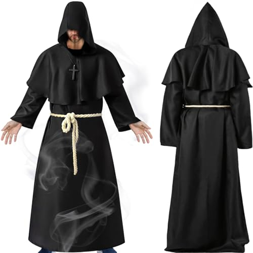 BGTLJKD Mönch Robe Kostüm, Renaissance Priester Robe Mönch Priester Gewand Cosplay Mönchskostüm Mönch Robe mit Kapuze, Kordel und Kreuz,Für Karneval Fasching Mottoparty Cosplay Halloween (XXL)