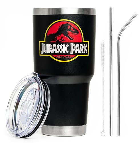 Maako Jurassic Park Edelstahl-Becher mit auslaufsicherem Deckel, doppelt isoliert, 850 ml, schwarzer Becher mit Metallstrohhalm + Bürste im Lieferumfang enthalten, ideales Dinosaurier-Geschenk
