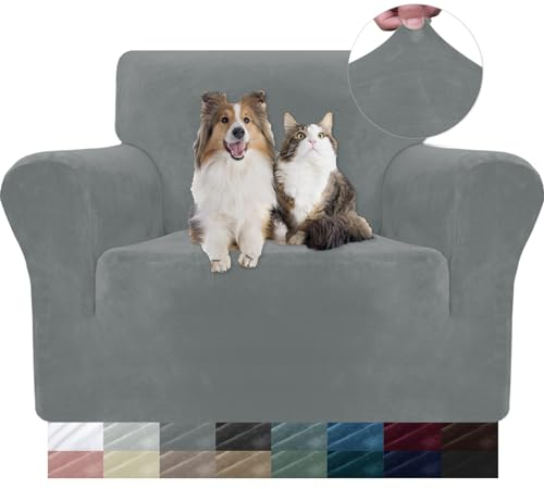 YSTELLAA Samt Stretch Sofabezug 1 Sitzer, Sofaschoner rutschfest Sofa Überzug, Sofa Cover Mit Armlehnen, Elastischer Couch Überzug, Sesselschoner Sofaschutz Katze, Hellgrau