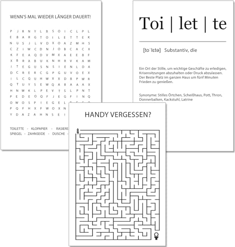 artpin® Badezimmer Deko Bilder - schwarz weiß 3er Set Wandbilder WC Deko -Toilette lustige Bilder Rätsel Definition B17