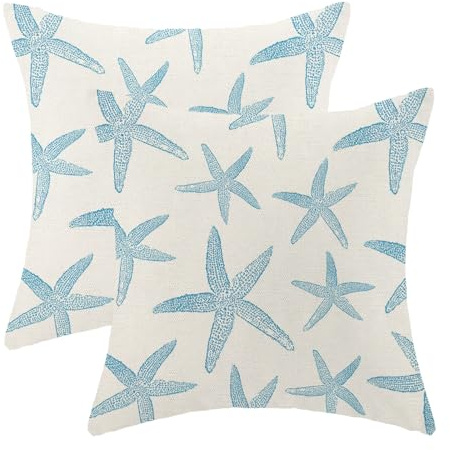 Küsten-Kissenbezüge, 45,7 x 45,7 cm, Ozean-Motiv, blaue Seestern-Überwurf-Kissenbezüge, Outdoor-Dekoration, Sommer, Strand, nautische Dekoration, Leinen, dekorativer Kissenbezug für Sofa, Couch, 45,7