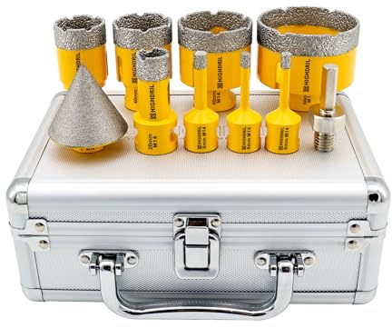 HIGHDRIL Foret Diamant Kit 10pcs(6/6/8/20/35/40/50/68mm Mèches Diamantées+50mm Mèches de Chanfrein+Adaptateur) Scie Cloche pour Carrelage Céramique Porcelaine Marbre Granit