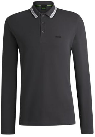 BOSS Mens Long Sleeve Polo Shirt Lifestyle Cotton Dark Grey L