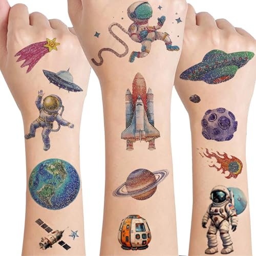 Drookaen Weltraum Tattoos Kinder, 12 Blätter Weltraum Glitzer Temporäre Kindertattoos, Jungen Give Away Kindergeburtstag, Tattoo Kindergeburtstag Mitgebsel Party