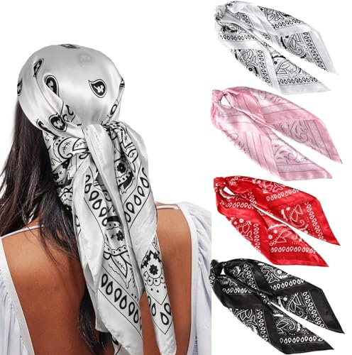 WELROG 90x90cm Große quadratische Fleckschals für Damen 4 PCs Frauen Seidig wie Kopftuch Bandanas Haarschal Halstuc Schlafringe