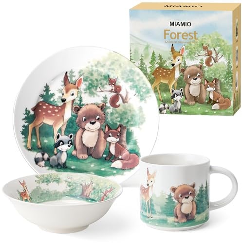 MIAMIO - Set de 3 Porzellan vaisselles pour enfants/Assiettes pour enfants, Set d'assiette pour enfants, Set de vaisselle des enfants - Comprend une assiette, un bol et une tasse (Foret)