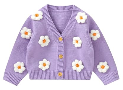 Siyova Bambino Della Neonata Della Ragazza Maglione Cardigan Manica Lunga Button Down Fiore Maglia Cappotto Giacca Infantile Ragazze Inverno, Viola, 2-3 Anni