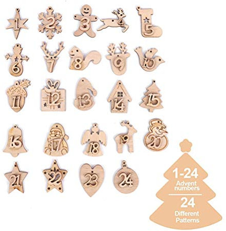 Nurnesy Dekorative Weihnachts-Adventskalender-Ornamente aus Holz mit 24 Zahlen-Countdown-Beuteln, Anhängern für Feiertage, Rustikale Weihnachtsdekoration, Zubehör (Holz)