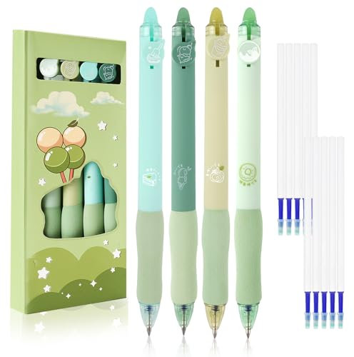 Deepton Radierbarer Kugelschreiber, 4 Stück Radierbarer Tintenroller, Blau Radierbare Stifte, Kugelschreiber Radierbar, Erasable Pen, Gelstifte Radierbar mit 10 Ersatzminen (0,5mm, Grün)