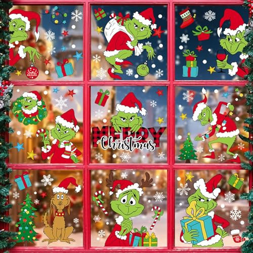 Grinch Weihnachtsaufkleber, 9 Blatt Fensterbilder Weihnachten, Grinch Fensterdeko Weihnachten, Doppelseitiger Weihnachtsdeko Fenster Schneeflocken Fensterdeko für Weihnachten Party Zuhause Fensterdeko