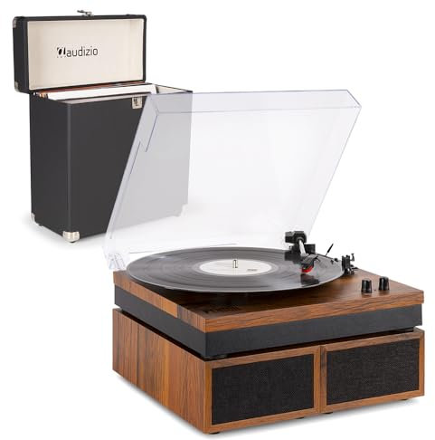 Fenton RP165 Modern Record Player with Speaker, Bluetooth, 100W Output, 3 Speeds, Wooden Design and Vinyl Record Case (Holds 30-35 Records)
