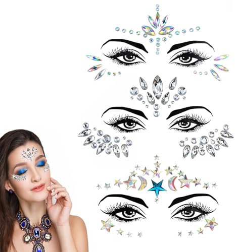 3 Stücke Glitzersteine Gesicht Strasssteine Gesicht, Strasssteine Gesicht Halloween Strass Gesicht Juwelen Kristalle, Glitzersteine Selbstklebend gesicht für Karneval Schminke Party Make up