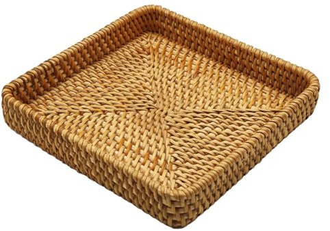 RT&BS Rattan Bread Tray, Rattan Fruit Tray Square, Natural Wicker Tea Trays, Decoration Trays, Handwoven Baskets for Serving Bread, Fruits, Drinks, Snacks (M)
