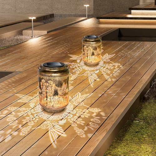 2 Pack Hummingbird Solar Lantern Waterproof, Garden Ornaments Outdoor Decor Birthday Mothers Day Gifts for Women Mum Her Grandma, Metal Solar Lights LED Hanging Lanterns for Patio Lawn Yard