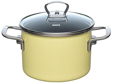Riess, 0702-002, Topf mit Glasdeckel Ø 16cm, LEMON, Emaille, Vol. (rec.): 2,1 Liter, Made in Österreich, LBH: 25,7x17,9x17,5cm, 1,640kg, Induktionskocher kompatibel, Gasherd geeignet, Ofenfest