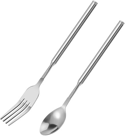 Giantree 2 Pcs Ausziehbare Gabel Löffel, Lange Teleskop Löffel Gabel Einziehbarer Set Edelstahl Teleskopgabel Teleskoplöffel Verlängerungsgabel Löffel für Tägliche Kochen Dessert Obst Grillen