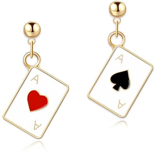 EAVUYIS lustige 18 Karat vergoldete hypoallergene Poker-Herzen und Pik-Ass-Spielkarten baumeln Tropfen-Ohrstecker für Frauen-Mädchen-Glücksspiel-Casino-Schmuck-Geschenk