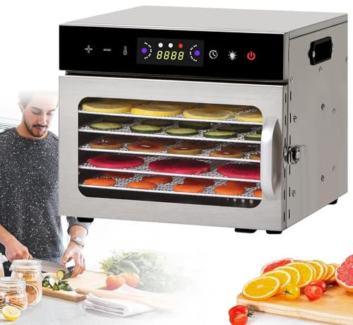 Mini-DöRrgeräT Mit 6 Tabletts FüR Zu Hause, DöRrgeräT Aus Edelstahl FüR Lebensmittel, Trockner FüR Trockenfleischgeschmack, TrockendöRrgeräT FüR Wurst, Speck, HüHnchen, Ente, Fisch, Rindfleisch,6-Tray