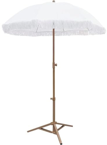 Kippbarer Camping Sonnenschirm Faltbar fur Terrasse, Garten, Party, Mit Quaste, Holz-farbenem Schirmstange aus Metall, Weiß Stoffdach, Großer Sonnenschirm fur Balkon im Freien Freizeit Schirm, 160cm