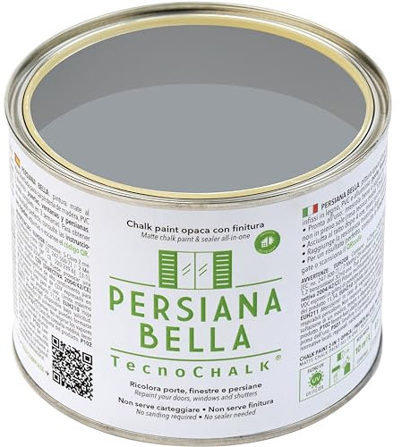 TecnoChalk® Persiana Bella Nuova Chalk Paint Extra Forte - Non Richiede Finitura – Ricolora Senza Carteggiare Persiane, Finestre, Porte e Infissi - Interno/Esterno - Colore Grigio RAL 7040 (500 ml)