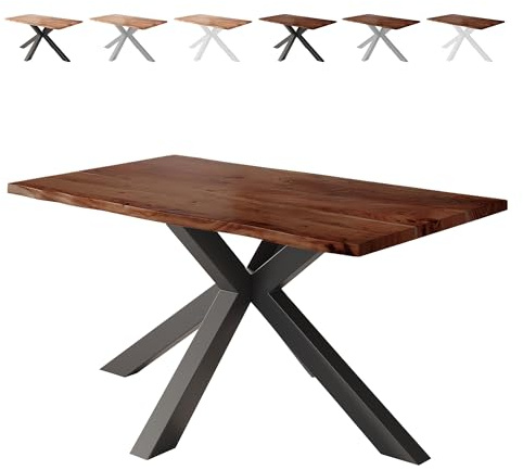 Loreno Esstisch 160×85×77cm Vento Akazie Nussbaum – Spider-Gestell Schwarz | Massiver Akazienholztisch nussbaumfarben mit 26mm starker Tischplatte – Perfekt für Esszimmer und Küche