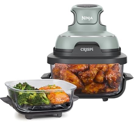 Ninja CRISPi tragbare Airfryer Heißluftfritteuse, 3,8 l, 4-in-1: Heißluftfrittieren, Braten, Warmhalten, Recrisp, kompakt, 6 Portionen, 2x herausnehmbare Glasbehälter & Deckel, 1700 W, Sage FN101EUSG