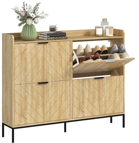 HOMCOM Zapatero Estrecho con 4 Puertas Zapatero Entrada Recibidor con Estantes Ajustables para 16 Pares de Zapatos 110x23,5x95,5 cm Roble
