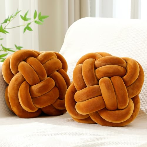 Beeveer Juego de 2 bolas de almohada con nudo, bola de almohada decorativa suave de 12 pulgadas, cojín cuadrado grande anudado para sala de estar, dormitorio, sofá, cama, decoración del hogar (marrón