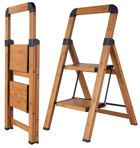 BIBKOKE Scaletta pieghevole a 2 gradini con finitura in legno e alluminio, antiscivolo, portatile, robusto, per casa e cucina, ufficio, 150 kg