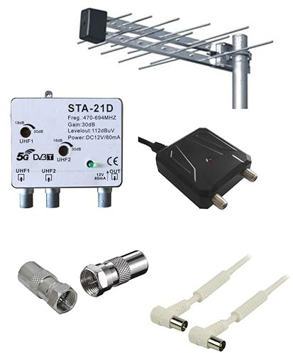 Kit Antenna TV Digitale Terrestre DVB-T2 con Amplificatore Segnale e Filtro 5G LTE Ricezione UHF VHF Stabile - Kit Completo Cavo e Alimentatore Incluso