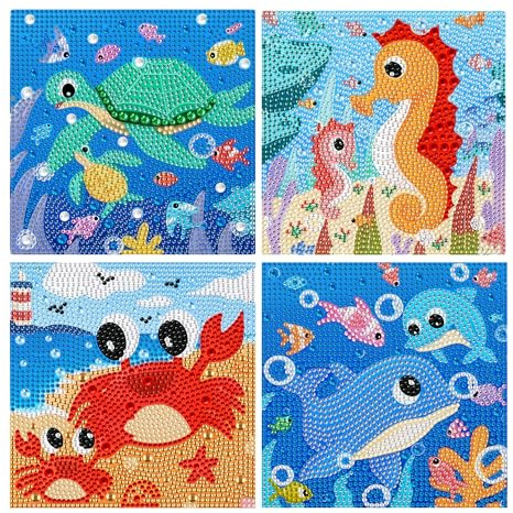 Yunruily 4er Set Diamond Painting Kinder - Sea Tiere Diamant Painting Kinder,Diamond Painting Kind ab 6 12 for Weihnachten Geschenk Arts Craft für Home Wand Decor 6x6inch