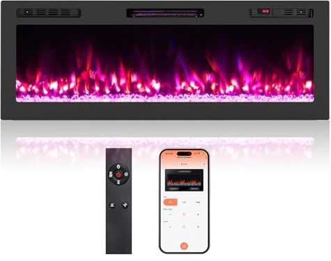 GOPLUS Chimenea Eléctrica con Wi-Fi de 50, Calefactor Lineal Empotrado y de Pared de 750W/1500W con 12 Colores de Llama y Lecho de Brasas, Temporizador de 12H, Control Remoto y App