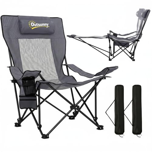 Outsunny 2er Set Campingstuhl Strandstuhl Faltbar Rückenlehne 120 kg | Fußablage, Getränkehalter, Kopfstütze, Für Erwachsene, Angelstuhl, Liegestuhl, Klappstuhl, Verstellbare Rückenlehne