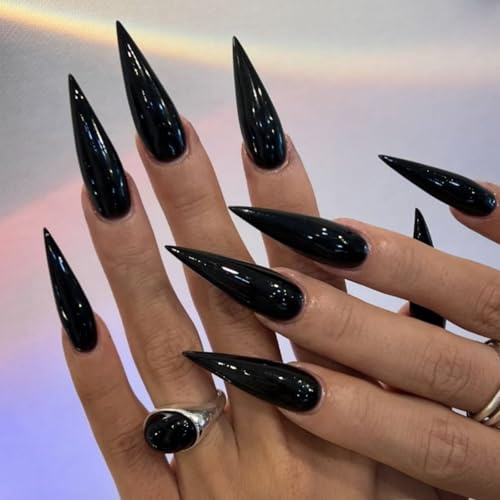 24pcs Long Stiletto False Nails, Black Press on Nails Pointy, Gothic Halloween Stick on Nail Tips, Removable Glue-on Fake Nail Art Accessories for Women