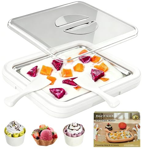 Ice Cream Roll Maker Set, with A Transparent Lid and 2 Spatulas, DIY Instant Ice Cream Roller Pan for Adults and Kids, Making Rolled Cream, Frozen Yogurt, Gelato, Sorbet (White,L)