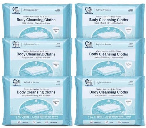 HartFelt Just-Add-Water Hygiene Kit – No-Rinse Body Wash Cloths with Included Towel | Portable On-the-Go Pocket Shower for Camping, Travel, Gym, Backpacking & Emergencies | 6-Pack