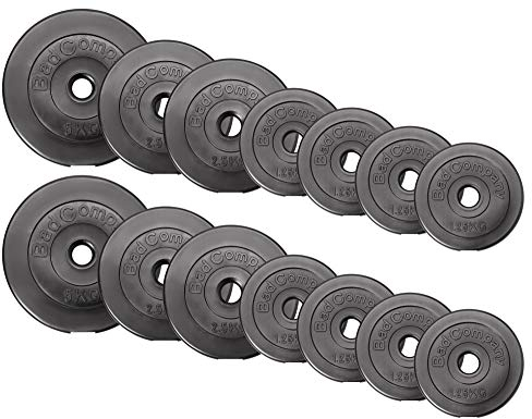 Bad Company Hantelscheiben 30/31 mm Kunststoff 30kg I Gewicht Set 8 x 1,25 kg + 4 x 2,5 kg + 2 x 5 kg I Gewichte für Langhantel und Kurzhantel
