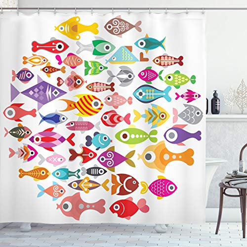 ABAKUHAUS Fisch Duschvorhang, Bunte Aquarium Fische, Stoffliches Gewebe Badezimmerdekorationsset mit Haken, 175 x 180 cm, Rot Grün