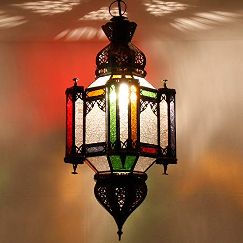 Orientalische LAMPE KHALID H 60 cm Ø 26 cm aus Metall & Reliefglas marokkanisch Hängeleuchte Kunsthandwerk aus Marrakesch | Prachtvolle Deckenlampe wie aus 1001 Nacht | L3002