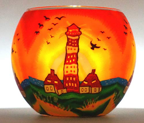 CBK-MS. Windlicht Teelicht Leuchtturm Leuchtglas Teelichthalter ca. Ø 11 cm Höhe 8,5 cm Küste Strand Hafen Meer Schiff