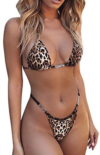 DAY8 Maillot de Bain Femme 2 Pièces Sexy String Taille Haute Mini Micro Bikini Femme Push Up Rembourré Léopard Tankini Maillot de Bain Échancré Femme Pas Cher Natation Piscine (Marron, Medium)