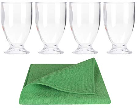 Moritz 4 Stück Acryl Saftglas Set klein 170 ml klar + 3X Mikrofasertuch Spültuch grün Camping Gläser Glas Kunststoff für Wasser Wein Cocktail UVM Campingküche