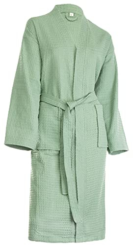 Brandsseller Unisex Bademantel aus Baumwolle L – Leichter Morgenmantel aus Waffel-Piqué für Damen & Herren – Saunamantel/Hausmantel für Wellness & Zuhause - Grün