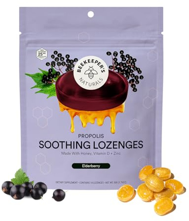 Beekeeper's Naturals Soothing Honey Elderberry Cough Drops Immune Support with Vitamin D, Zinc and Propolis Throat Soothing Lozenges, 14 Ct